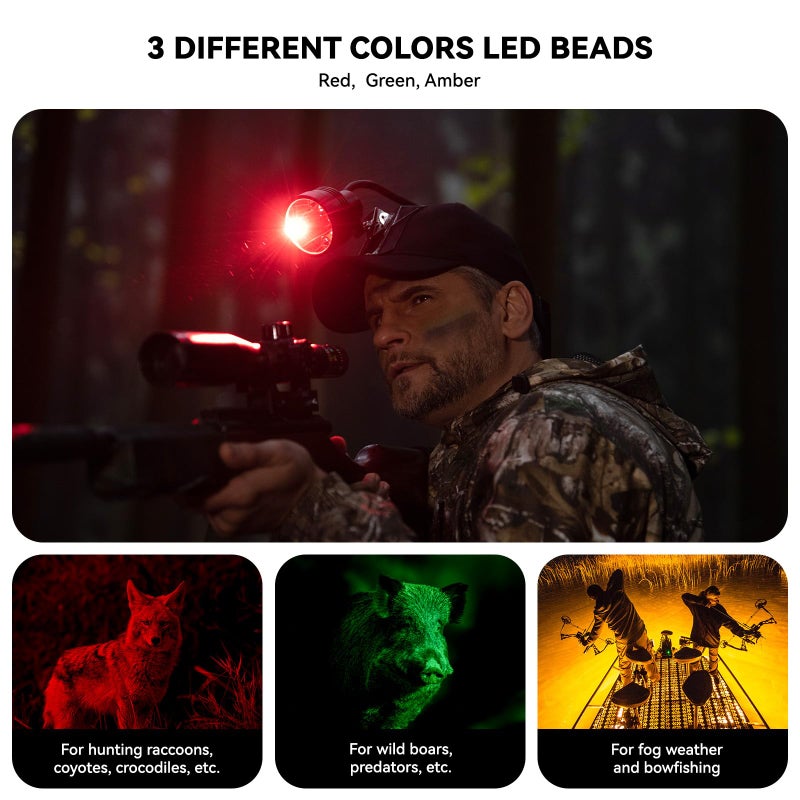 GearOZ 10W Coon Hunting Lights Headlamp for Coyotes Hog Predators, Rechargeable & IPX5 Waterproof, 6 Lighting Modes, 600 Lumens Bright 4-Color LED (White Red Green Amber) with Black Hunting Hat - Image 3